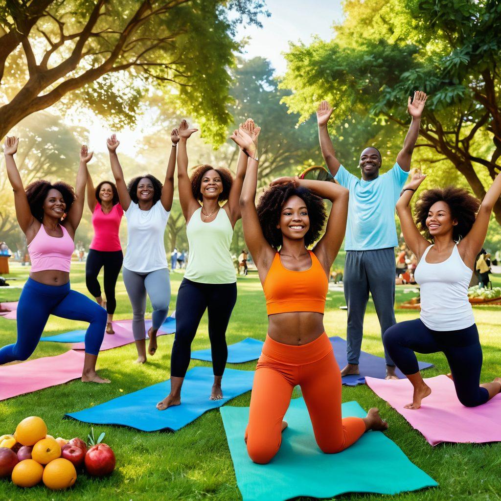 A serene and uplifting scene depicting a diverse group of people celebrating their health journey, showcasing smiles and camaraderie in a vibrant park setting. Include symbols of wellness such as fresh fruits, yoga mats, and motivational quotes in the background. Warm, natural lighting enhances the atmosphere of hope and resilience. super-realistic. vibrant colors. 3D.
