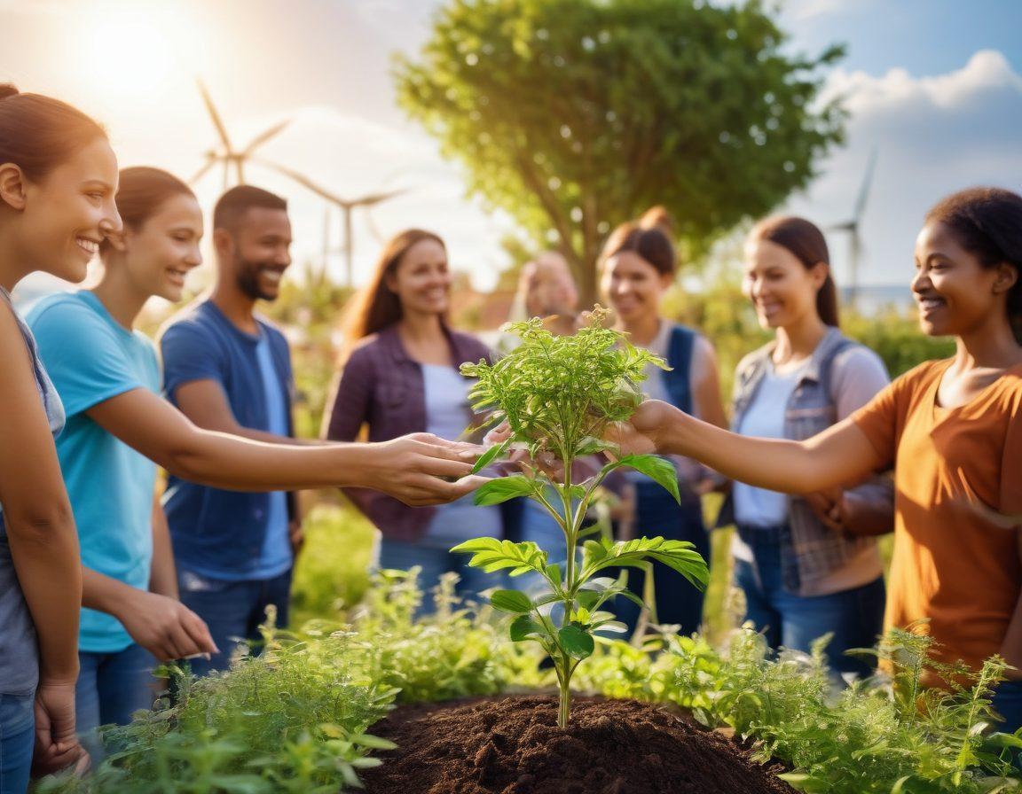 A diverse group of people from various backgrounds working together in a bright community garden, showcasing teamwork and resilience. In the foreground, a strong survivor holding a symbolic plant representing growth, surrounded by supportive friends engaging in discussion. The backdrop features a sunny horizon with renewable energy sources like solar panels and wind turbines, symbolizing a sustainable future. The atmosphere should radiate positivity and hope. vibrant colors. super-realistic.