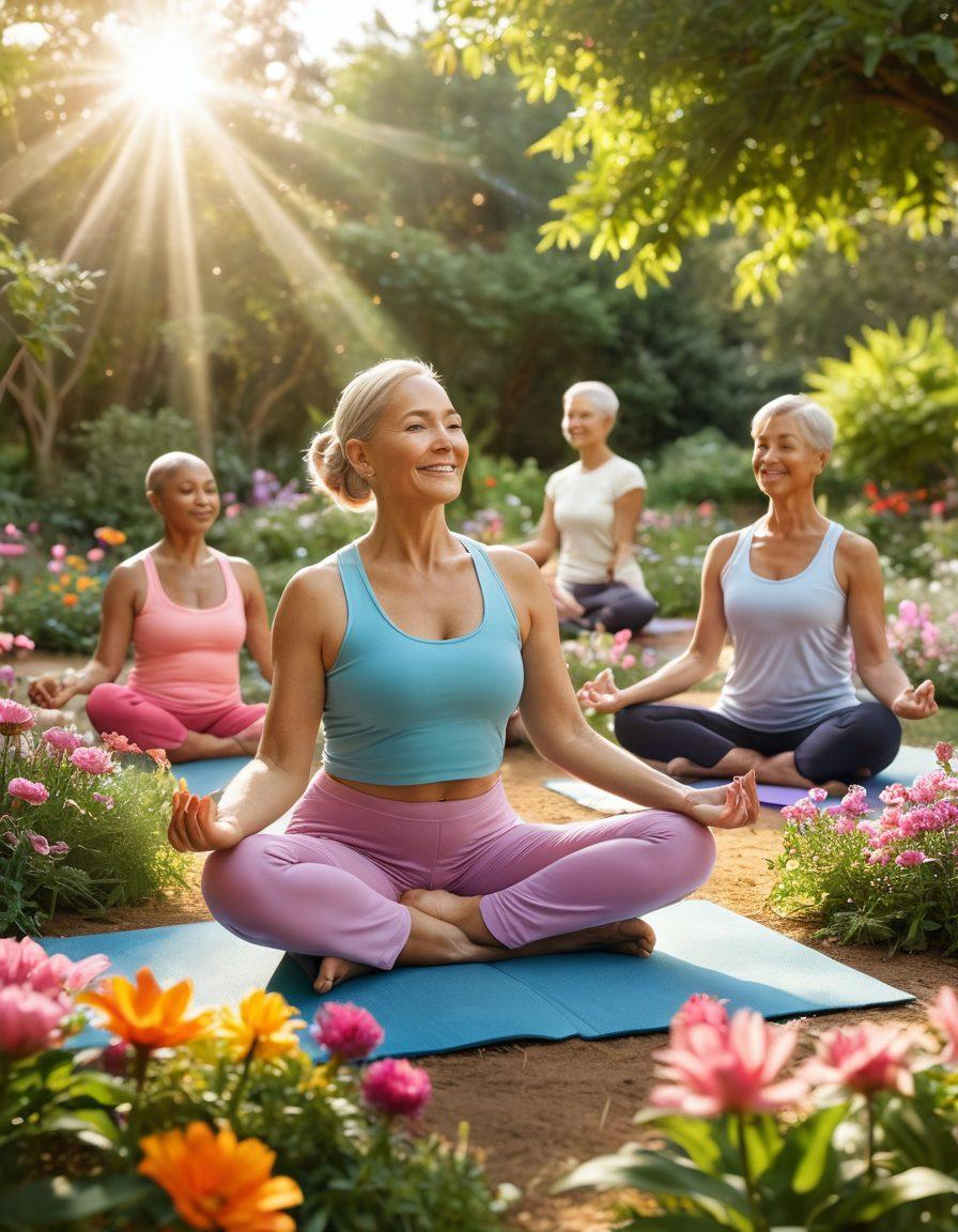 A serene landscape featuring a diverse group of cancer survivors engaging in healthy activities such as yoga, gardening, and meditation. Bright sunlight illuminates their smiles, symbolizing hope and resilience. Surround them with colorful flowers and lush greenery to enhance the feeling of empowerment and vitality. Include subtle symbols of strength like butterflies or phoenixes in the background. vibrant colors. super-realistic.